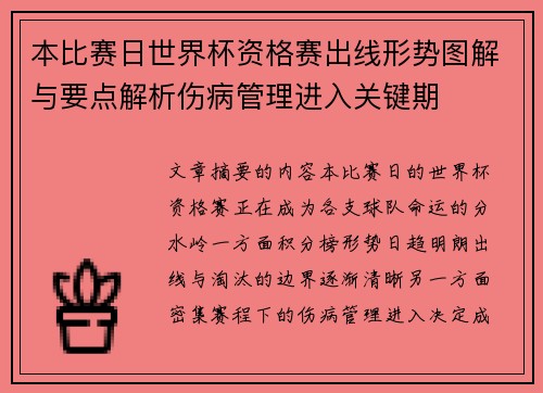本比赛日世界杯资格赛出线形势图解与要点解析伤病管理进入关键期